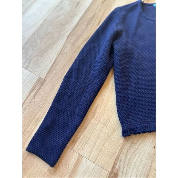 J. McLaughlin Bright Navy Open Front Mayfair Cardigan w Fringe Trim - Picture 2 of 8